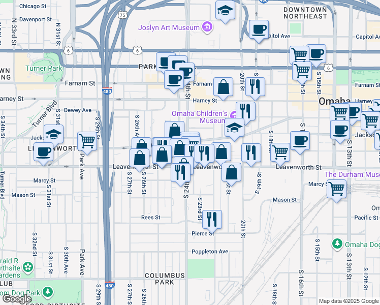 map of restaurants, bars, coffee shops, grocery stores, and more near 2221 Jones Street in Omaha