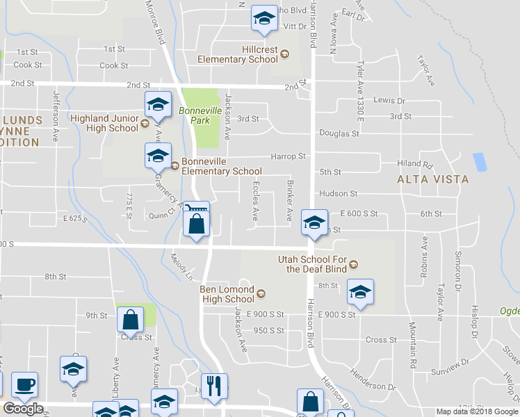 map of restaurants, bars, coffee shops, grocery stores, and more near 584 Eccles Avenue in Ogden