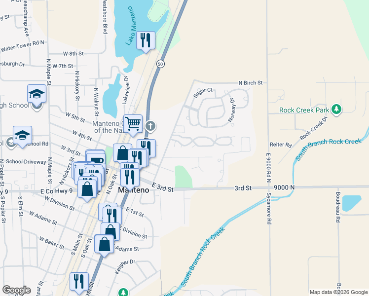 map of restaurants, bars, coffee shops, grocery stores, and more near 345 Jan Drive in Manteno