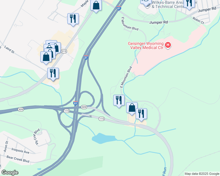 map of restaurants, bars, coffee shops, grocery stores, and more near 546 Wildflower Drive in Wilkes-Barre