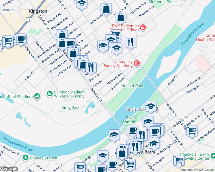 map of restaurants, bars, coffee shops, grocery stores, and more near 28 North Dawes Avenue in Kingston