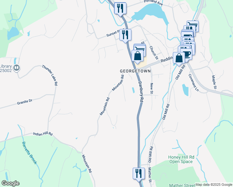 map of restaurants, bars, coffee shops, grocery stores, and more near 53 Mountain Road in Wilton