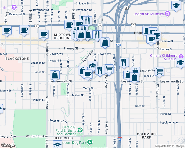 map of restaurants, bars, coffee shops, grocery stores, and more near 620 South 31st Street in Omaha