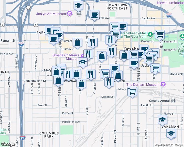 map of restaurants, bars, coffee shops, grocery stores, and more near 651 South 19th Avenue in Omaha