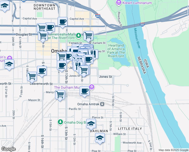 map of restaurants, bars, coffee shops, grocery stores, and more near 915 Jones Street in Omaha