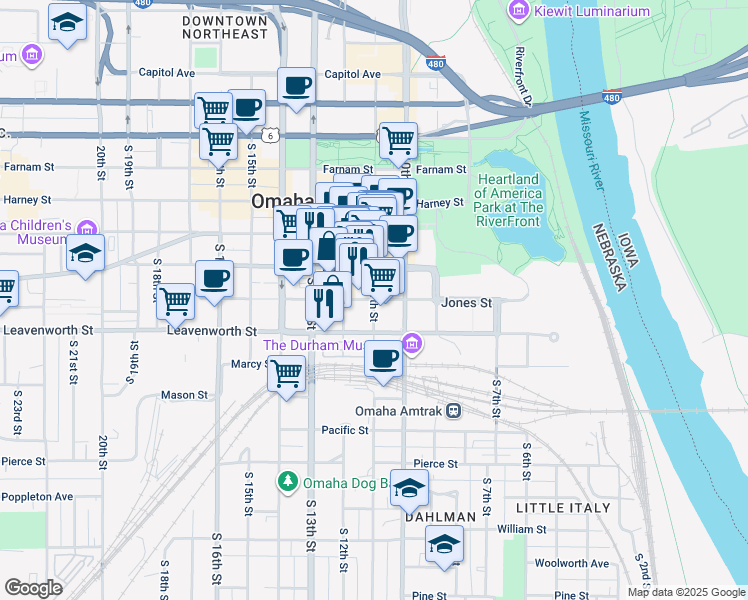 map of restaurants, bars, coffee shops, grocery stores, and more near in Omaha