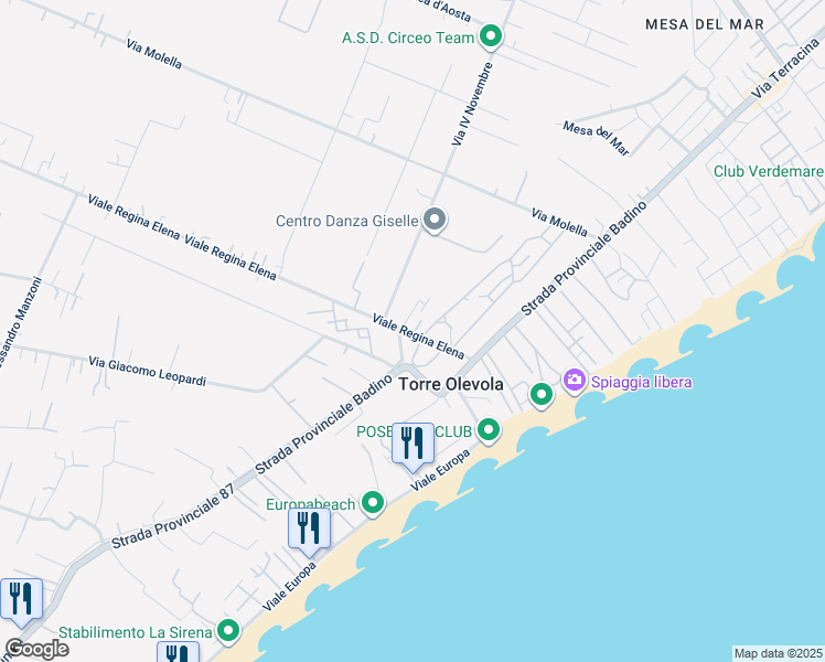 map of restaurants, bars, coffee shops, grocery stores, and more near 7 Viale Regina Elena in San Felice Circeo