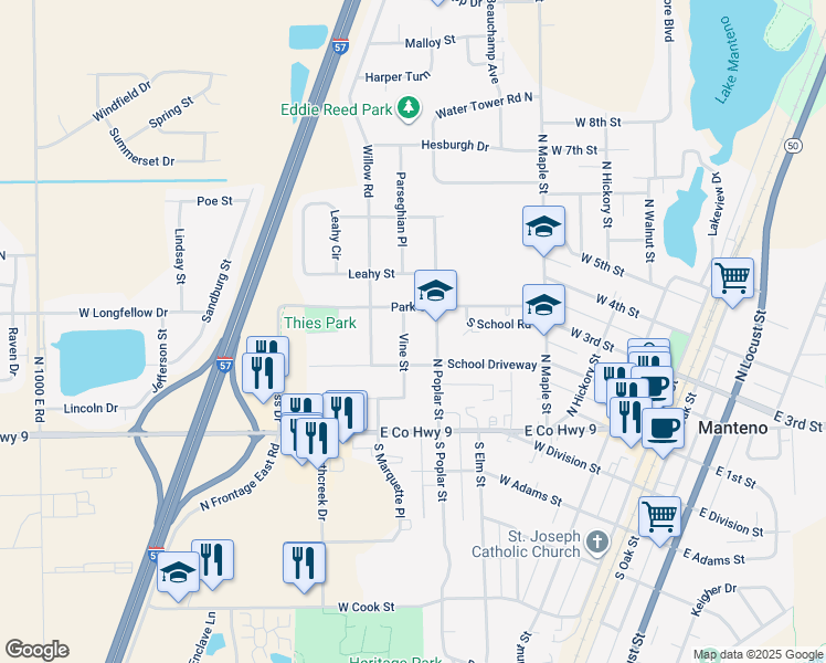 map of restaurants, bars, coffee shops, grocery stores, and more near 223 Vine Street in Manteno