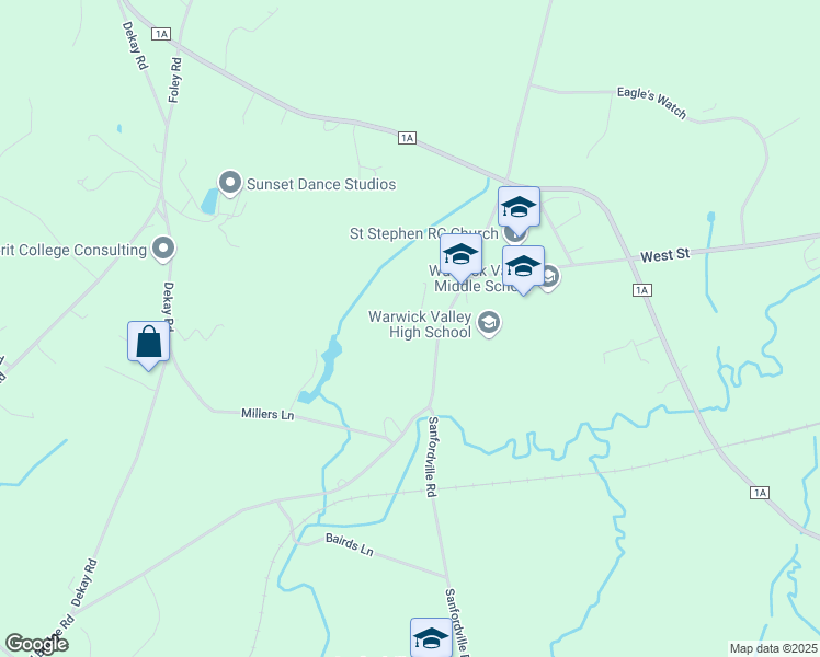 map of restaurants, bars, coffee shops, grocery stores, and more near 94 Sanfordville Road in Warwick