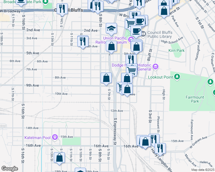 map of restaurants, bars, coffee shops, grocery stores, and more near 721 9th Ave in Council Bluffs