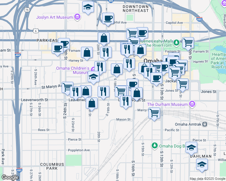 map of restaurants, bars, coffee shops, grocery stores, and more near 1818 Leavenworth Street in Omaha