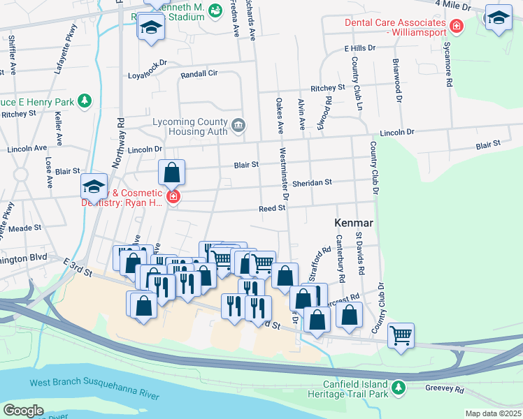 map of restaurants, bars, coffee shops, grocery stores, and more near 2198 Reed Street in Williamsport