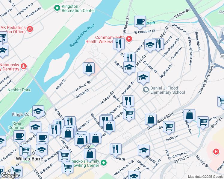 map of restaurants, bars, coffee shops, grocery stores, and more near 390 North Main Street in Wilkes-Barre