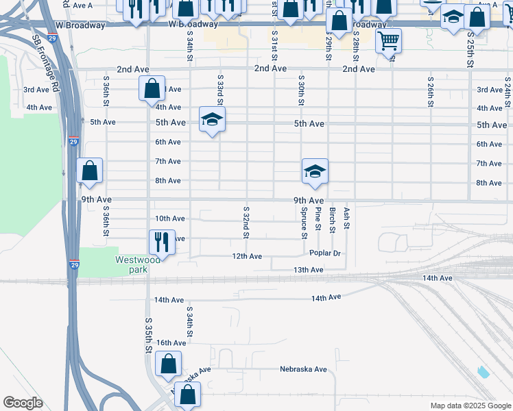 map of restaurants, bars, coffee shops, grocery stores, and more near 3122 10th Avenue in Council Bluffs