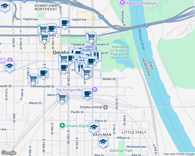 map of restaurants, bars, coffee shops, grocery stores, and more near 901 Jones Street in Omaha