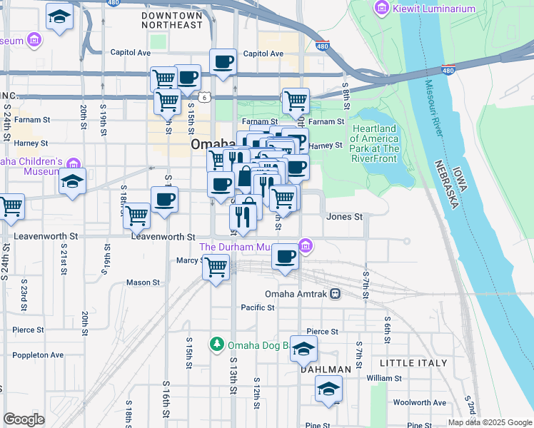 map of restaurants, bars, coffee shops, grocery stores, and more near in Omaha