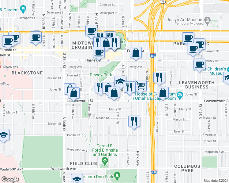 map of restaurants, bars, coffee shops, grocery stores, and more near 636 South 31st Avenue in Omaha