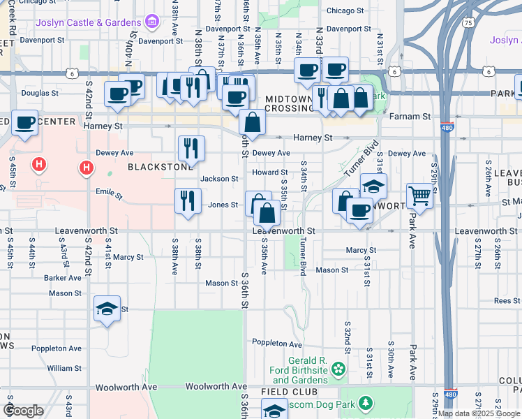 map of restaurants, bars, coffee shops, grocery stores, and more near 3559 Jones Street in Omaha