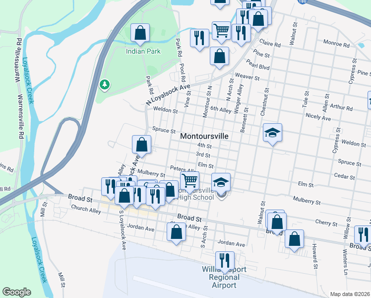 map of restaurants, bars, coffee shops, grocery stores, and more near 468-498 3rd St in Montoursville