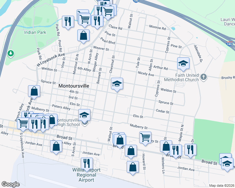map of restaurants, bars, coffee shops, grocery stores, and more near 900 Spruce Street in Montoursville