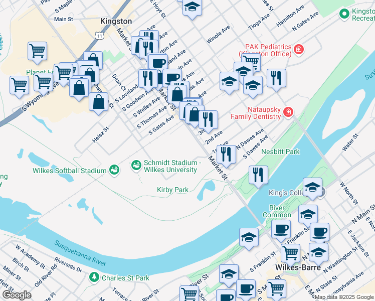 map of restaurants, bars, coffee shops, grocery stores, and more near 236 Market Street in Wilkes-Barre