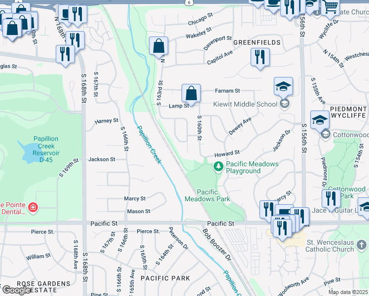 map of restaurants, bars, coffee shops, grocery stores, and more near 537 South 161st Circle in Omaha