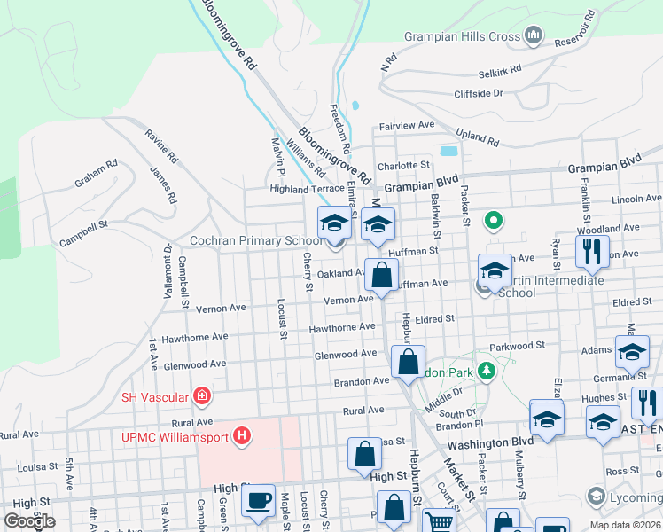 map of restaurants, bars, coffee shops, grocery stores, and more near Oakland Avenue in Williamsport