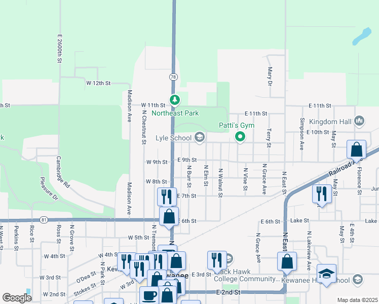 map of restaurants, bars, coffee shops, grocery stores, and more near 920 North Burr Street in Kewanee