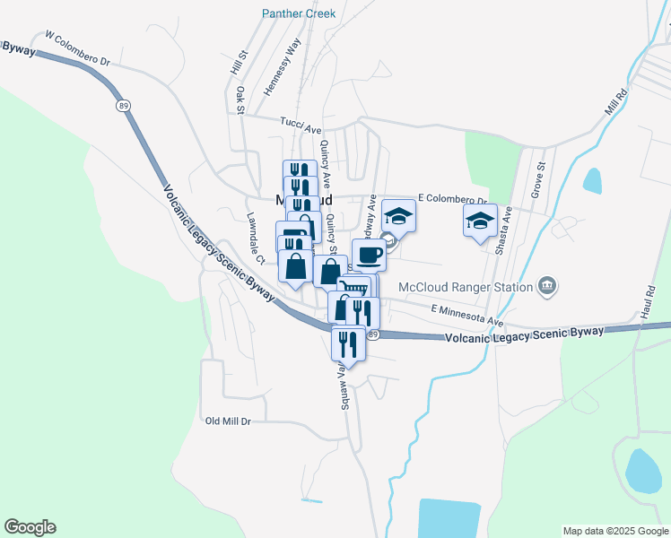 map of restaurants, bars, coffee shops, grocery stores, and more near 299 Quincy Street in McCloud