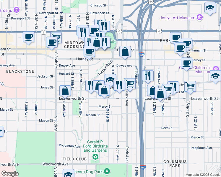 map of restaurants, bars, coffee shops, grocery stores, and more near 620 South 31st Street in Omaha