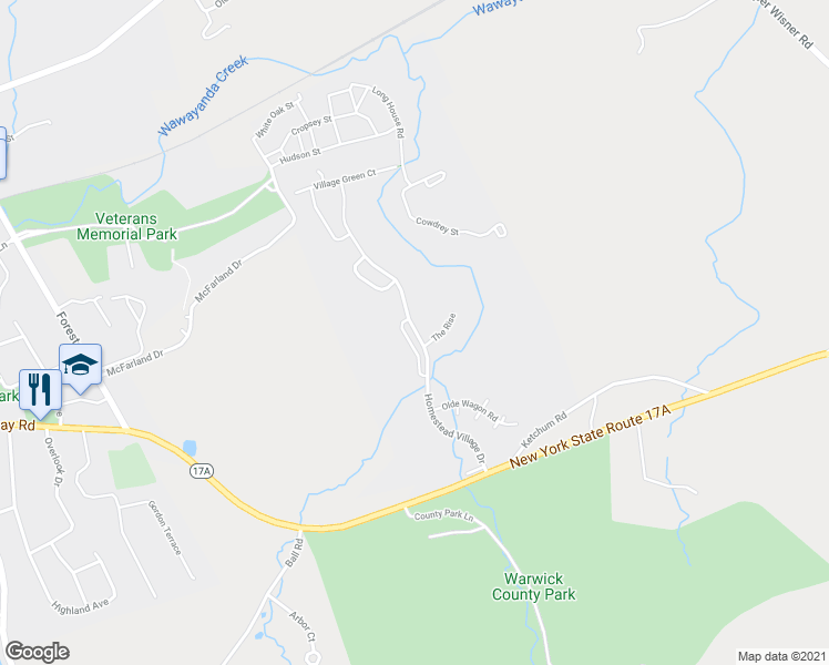 map of restaurants, bars, coffee shops, grocery stores, and more near 52 Homestead Village Drive in Warwick
