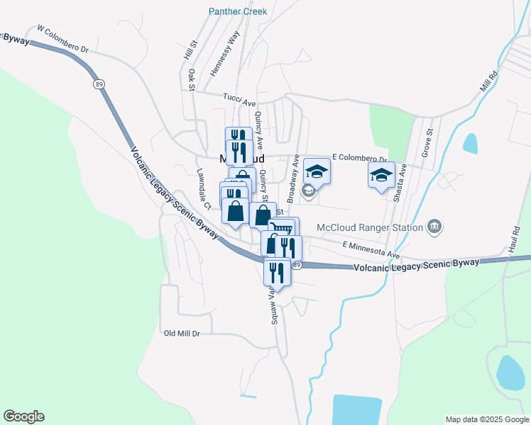 map of restaurants, bars, coffee shops, grocery stores, and more near 219-299 Quincy St in McCloud