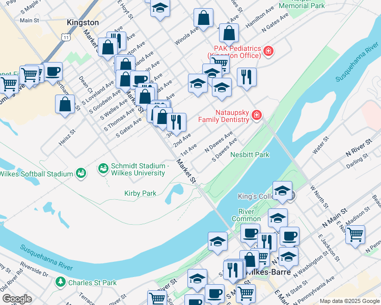 map of restaurants, bars, coffee shops, grocery stores, and more near 21 N Dawes Ave in Kingston