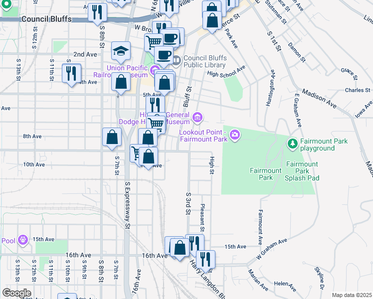 map of restaurants, bars, coffee shops, grocery stores, and more near 908 South 3rd Street in Council Bluffs