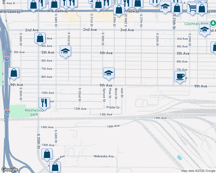 map of restaurants, bars, coffee shops, grocery stores, and more near 917 Spruce Street in Council Bluffs