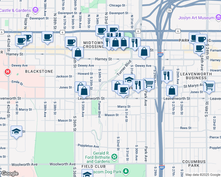 map of restaurants, bars, coffee shops, grocery stores, and more near in Omaha