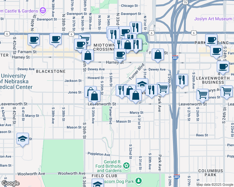 map of restaurants, bars, coffee shops, grocery stores, and more near 725 South 33rd Street in Omaha