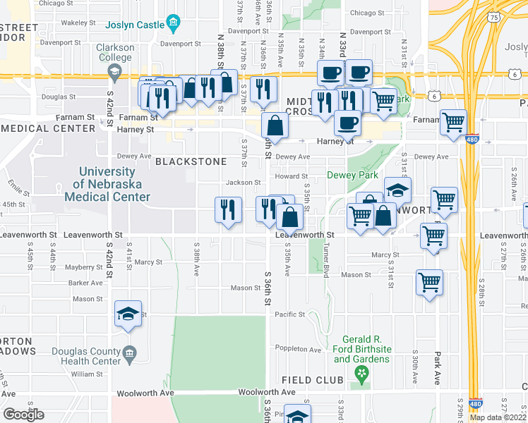 map of restaurants, bars, coffee shops, grocery stores, and more near 719 South 37th Street in Omaha