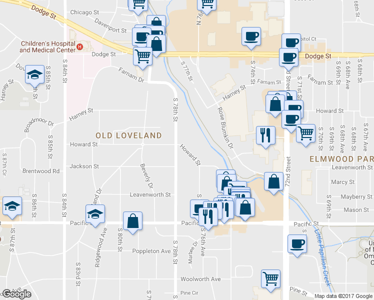 map of restaurants, bars, coffee shops, grocery stores, and more near 509 South 78th Street in Omaha