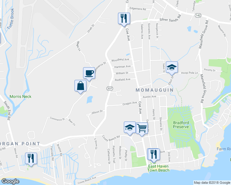 map of restaurants, bars, coffee shops, grocery stores, and more near 89 Coleman Street in East Haven