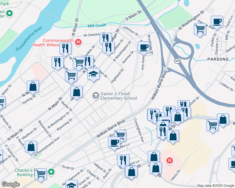 map of restaurants, bars, coffee shops, grocery stores, and more near 199 E Linden St in Wilkes-Barre