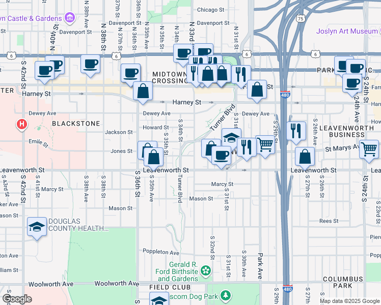 map of restaurants, bars, coffee shops, grocery stores, and more near 725 South 33rd Street in Omaha