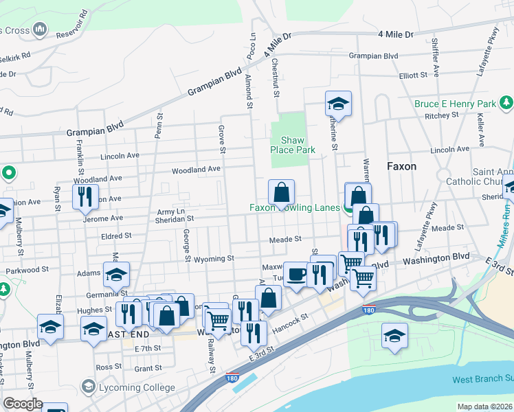 map of restaurants, bars, coffee shops, grocery stores, and more near 1147 Almond Street in Williamsport