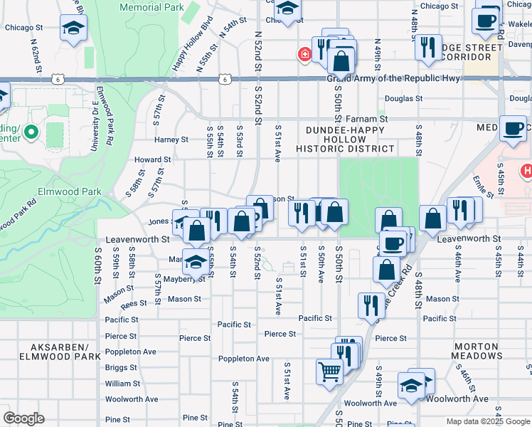 map of restaurants, bars, coffee shops, grocery stores, and more near 5151 Jones Street in Omaha