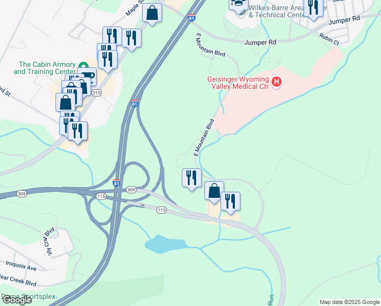 map of restaurants, bars, coffee shops, grocery stores, and more near 108 Wildflower Drive in Wilkes-Barre