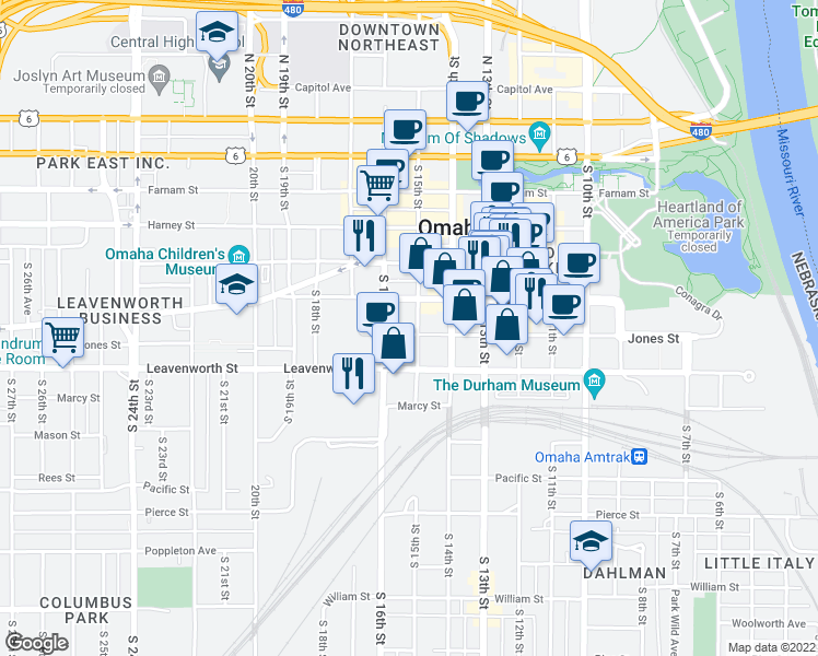 map of restaurants, bars, coffee shops, grocery stores, and more near 707 South 15th Street in Omaha