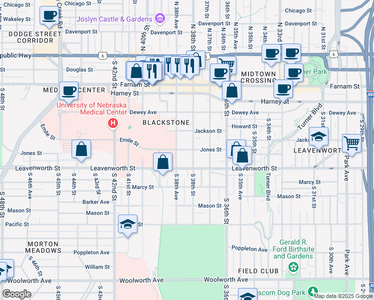 map of restaurants, bars, coffee shops, grocery stores, and more near 3819 Jones Street in Omaha