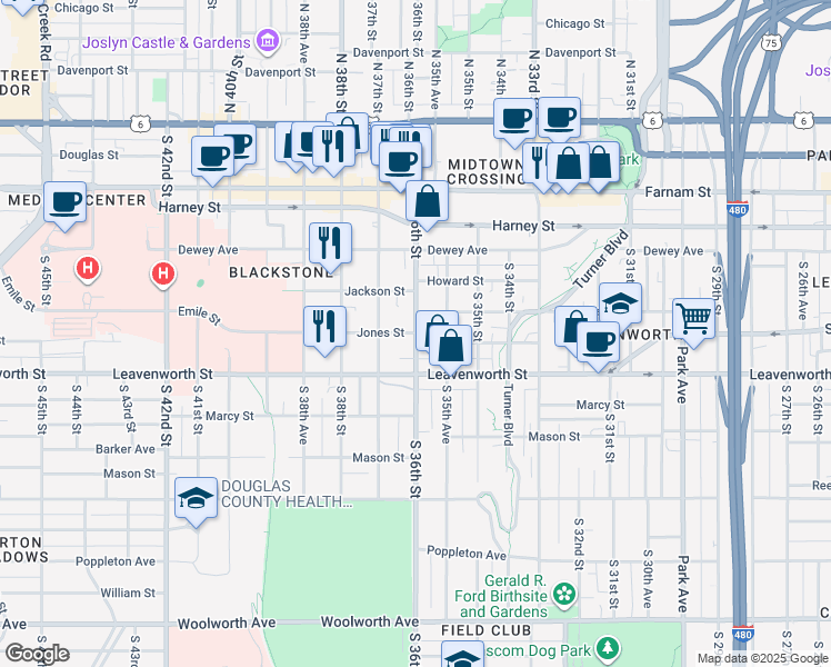 map of restaurants, bars, coffee shops, grocery stores, and more near 3601 Jones Street in Omaha