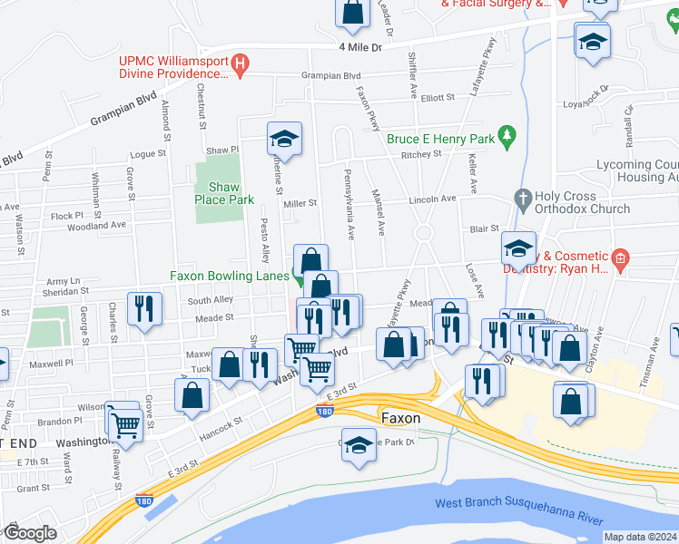 map of restaurants, bars, coffee shops, grocery stores, and more near 743 Pennsylvania Avenue in Williamsport