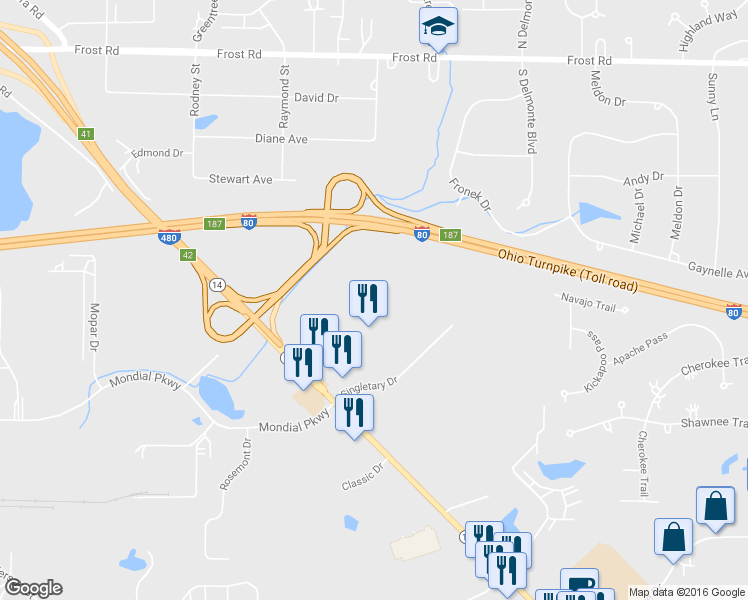 map of restaurants, bars, coffee shops, grocery stores, and more near 975 Singletary Road in Streetsboro